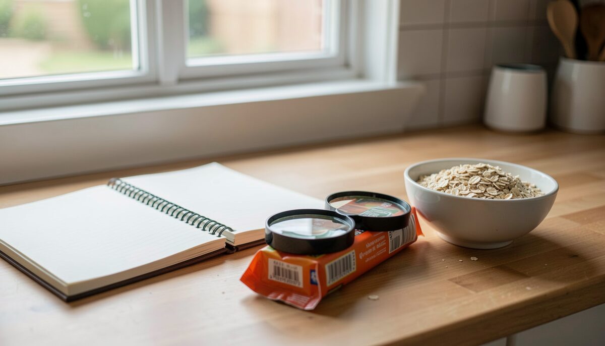 A kitchen counter with a notebook, a magnifying glass resting on a food package and a bowl of oats, morning light through a window.