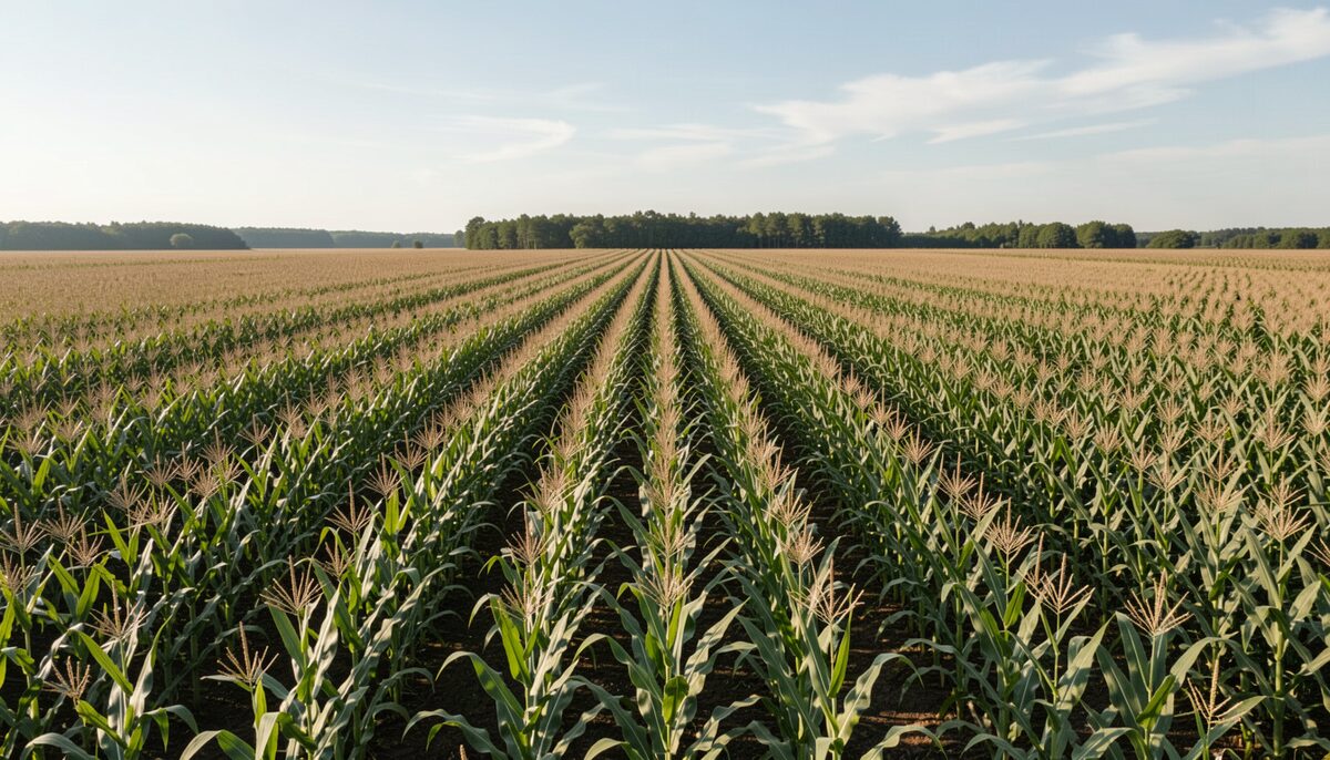 Aerial view of a mature corn field in late summer, rows converging toward a distant treeline under a wide sky.