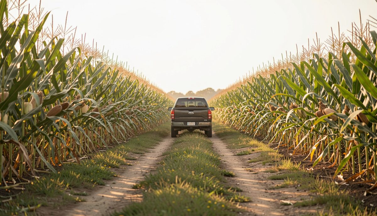 A farm lane between tall corn rows at golden hour, a pickup truck parked far down the lane.