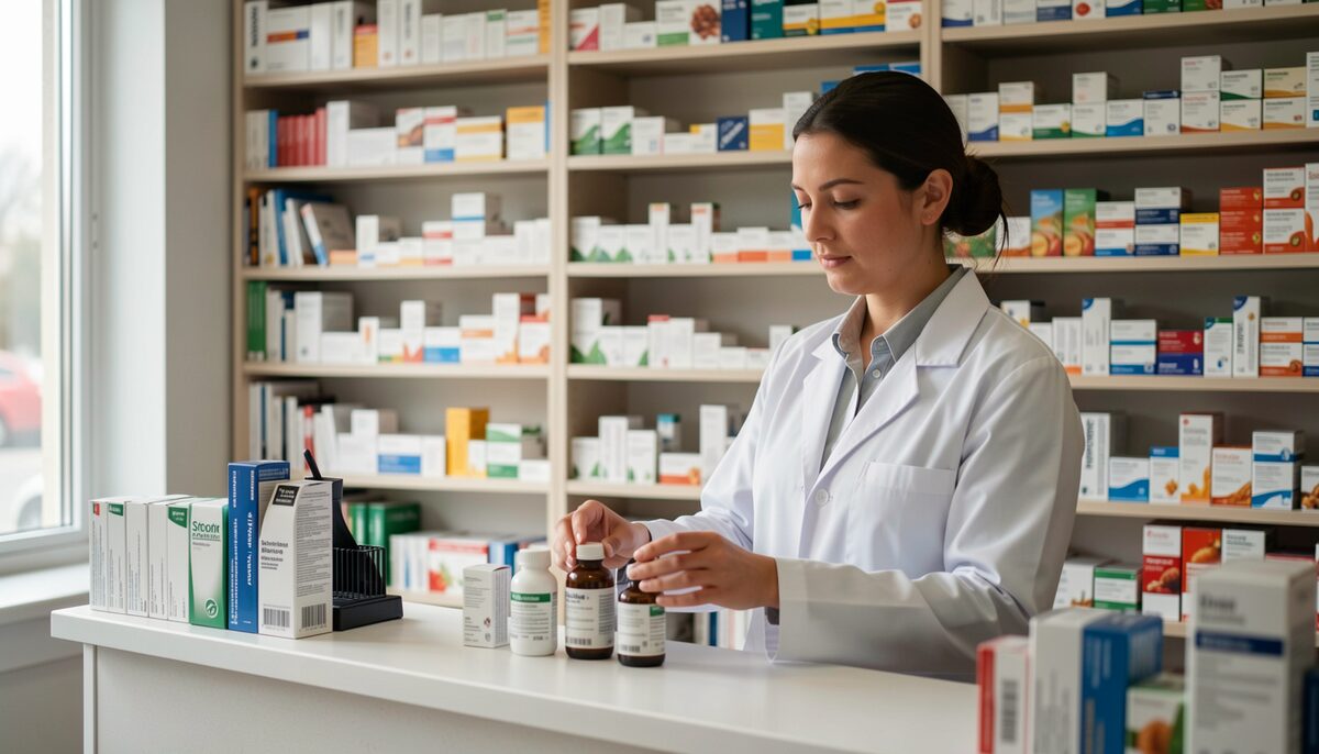 A pharmacist in a white coat checking a stock bottle behind a dispensary counter, shelves of medication boxes behind.