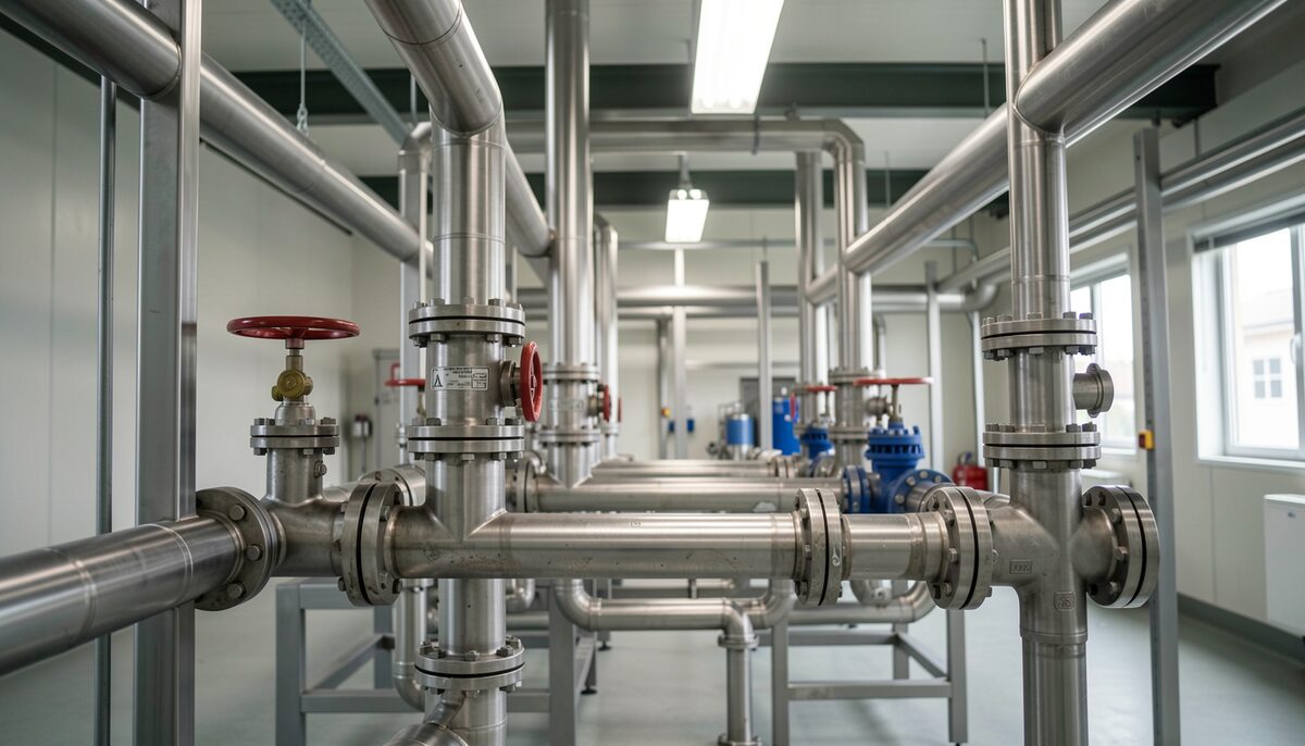 Industrial stainless steel pipes and valves in a food processing plant, clean and unmarked, cool overhead light.
