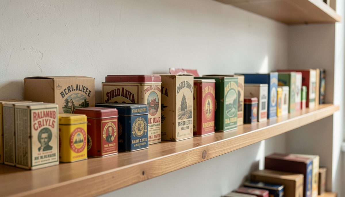 A museum-like display of vintage tins and paperboard boxes on a wooden shelf, all faces turned away.