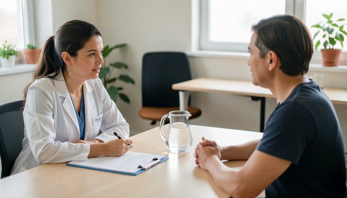 A dietitian and a patient in conversation across a desk with a clipboard and a water pitcher between them.