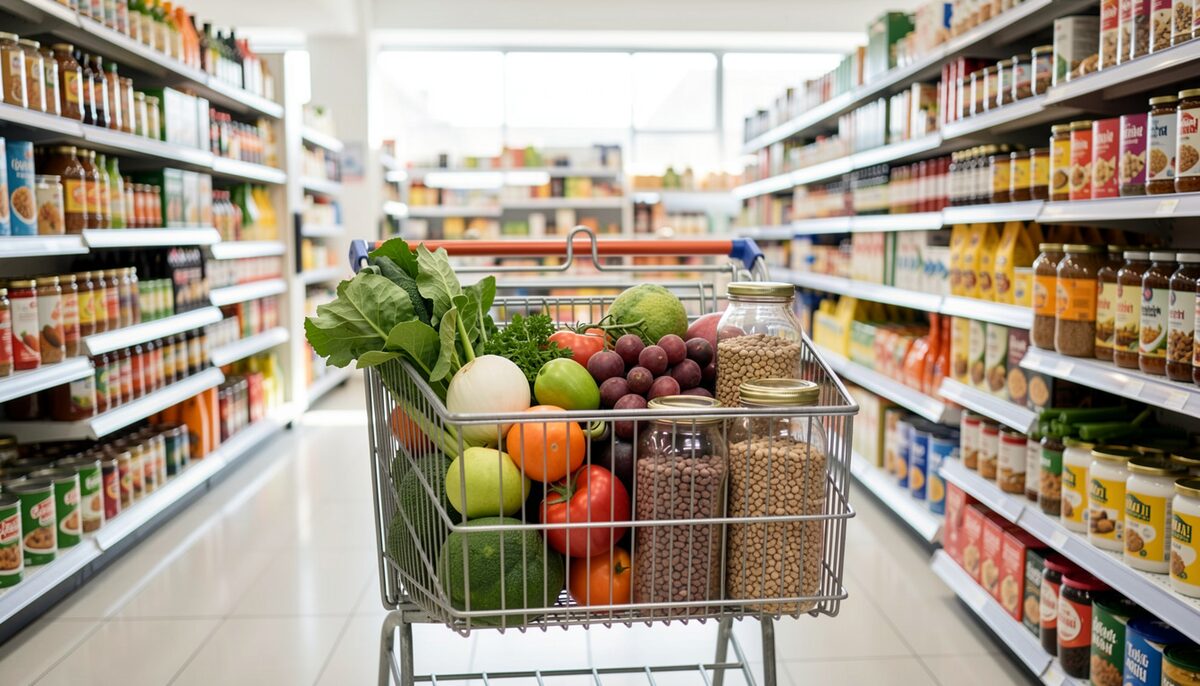 A grocery cart with fresh produce, dried beans and glass jars in a bright supermarket aisle.