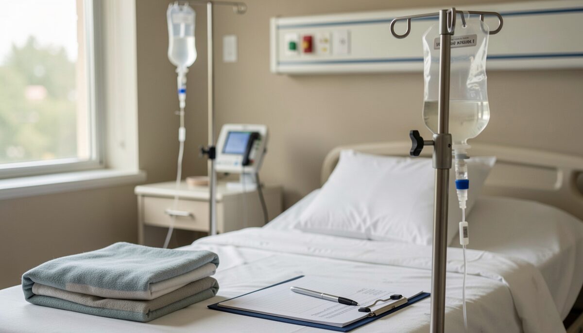 A hospital bedside with an intravenous bag hanging on a stand, folded blanket and chart clipboard, no text visible.