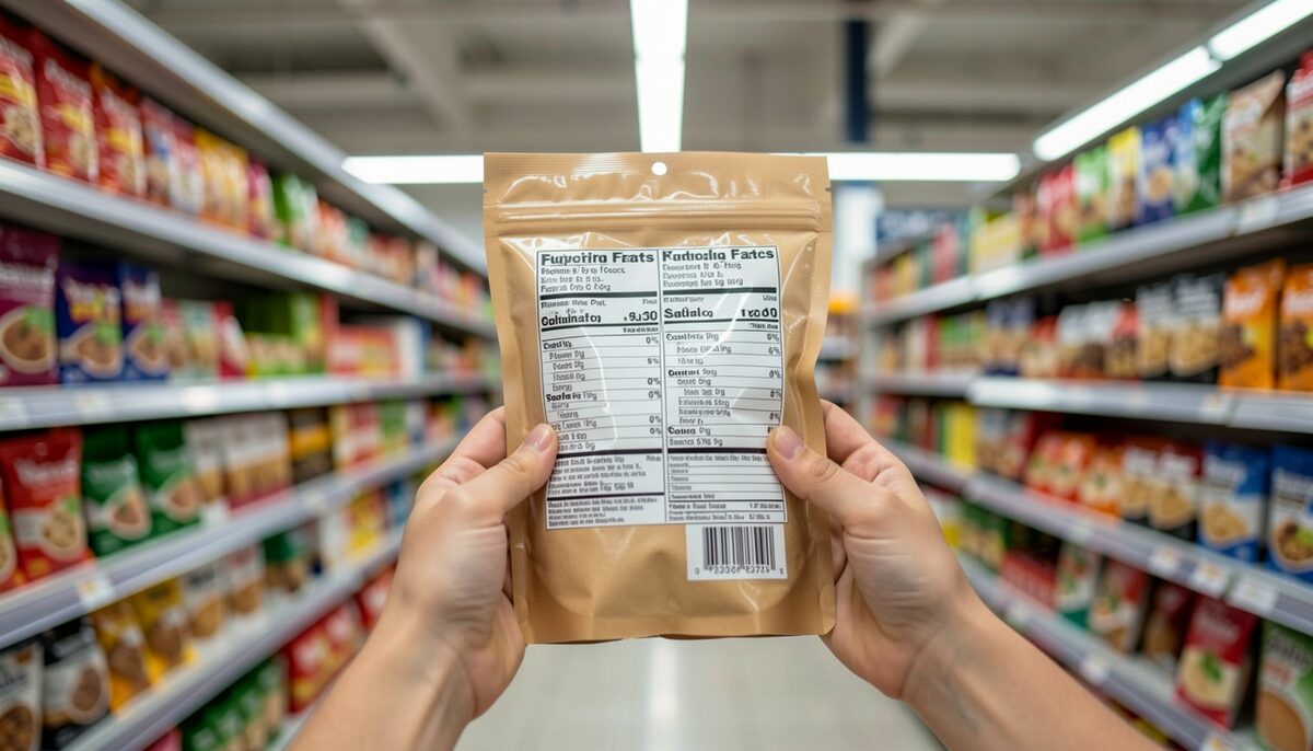 Two hands holding a food package turned to the ingredient panel under a supermarket aisle light, background shelves slightly blurred.